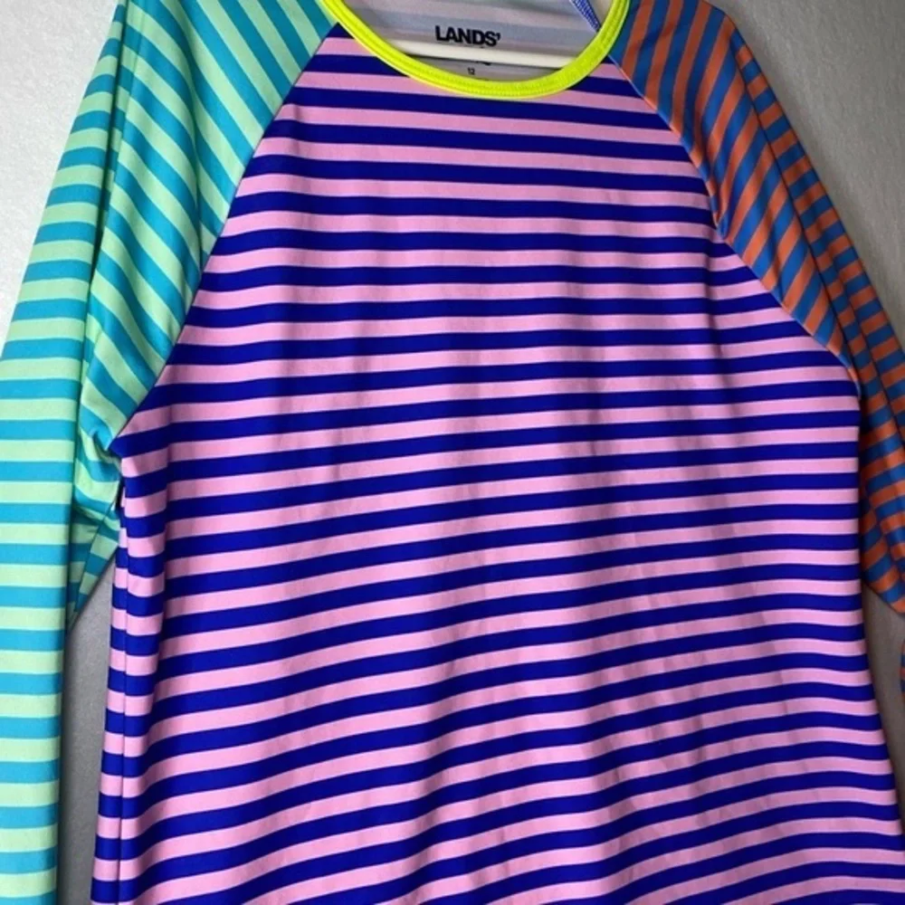 Lands End Swim Shirt Rash Guard Size 12 Blue Orange‎ Pink Stripes Long Sleeve